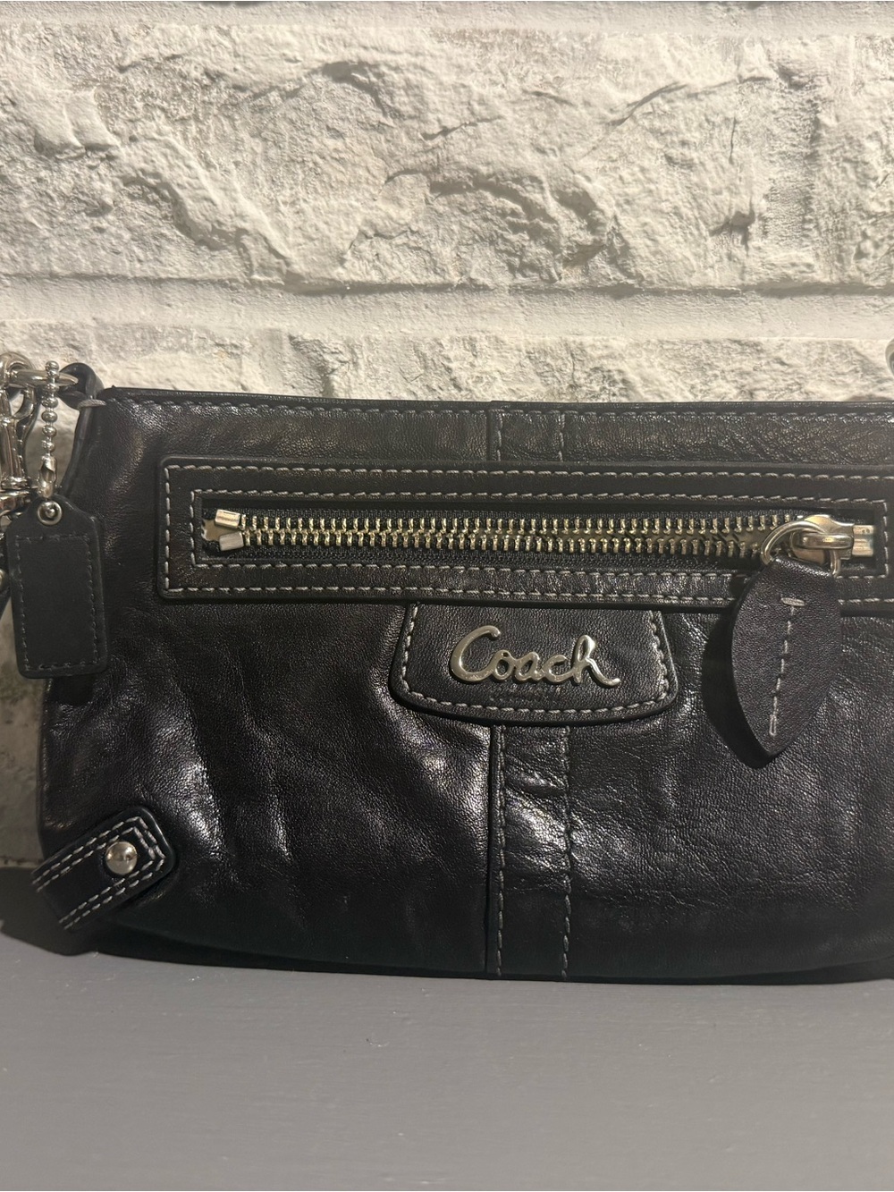 Coach Black Leather Zip-Front Wristlet